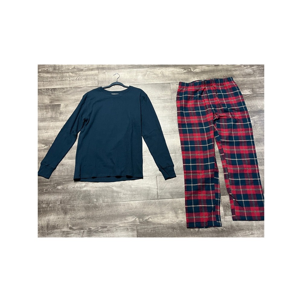The Company Store Pajama Set Mens L Navy Waffle Knit Thermal Top Flannel Pants